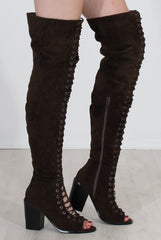 Elita Khaki Lace Up Over The Knee Boots-Boots