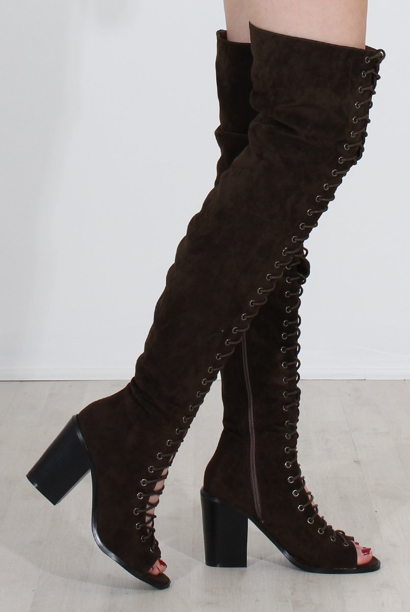 Elita Khaki Lace Up Over The Knee Boots-Boots