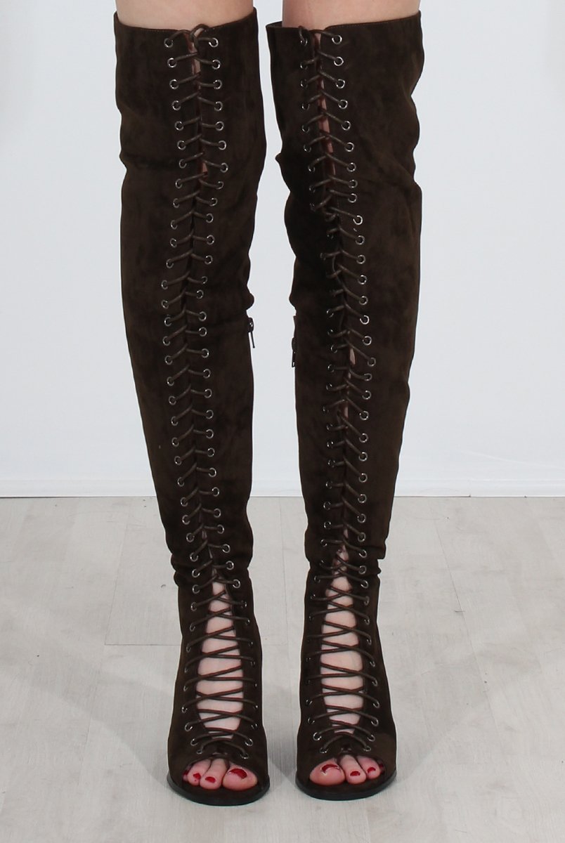 Elita Khaki Lace Up Over The Knee Boots-Boots