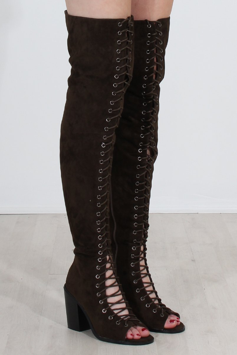 Elita Khaki Lace Up Over The Knee Boots-Boots