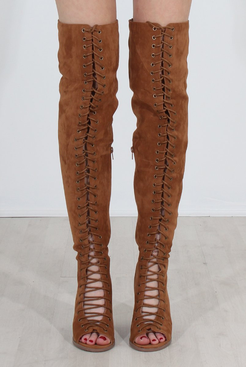Elita Tan Lace Up Over The Knee Boots-Boots