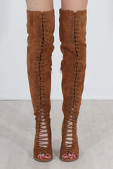 Elita Tan Lace Up Over The Knee Boots-Boots
