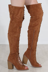 Elita Tan Lace Up Over The Knee Boots-Boots
