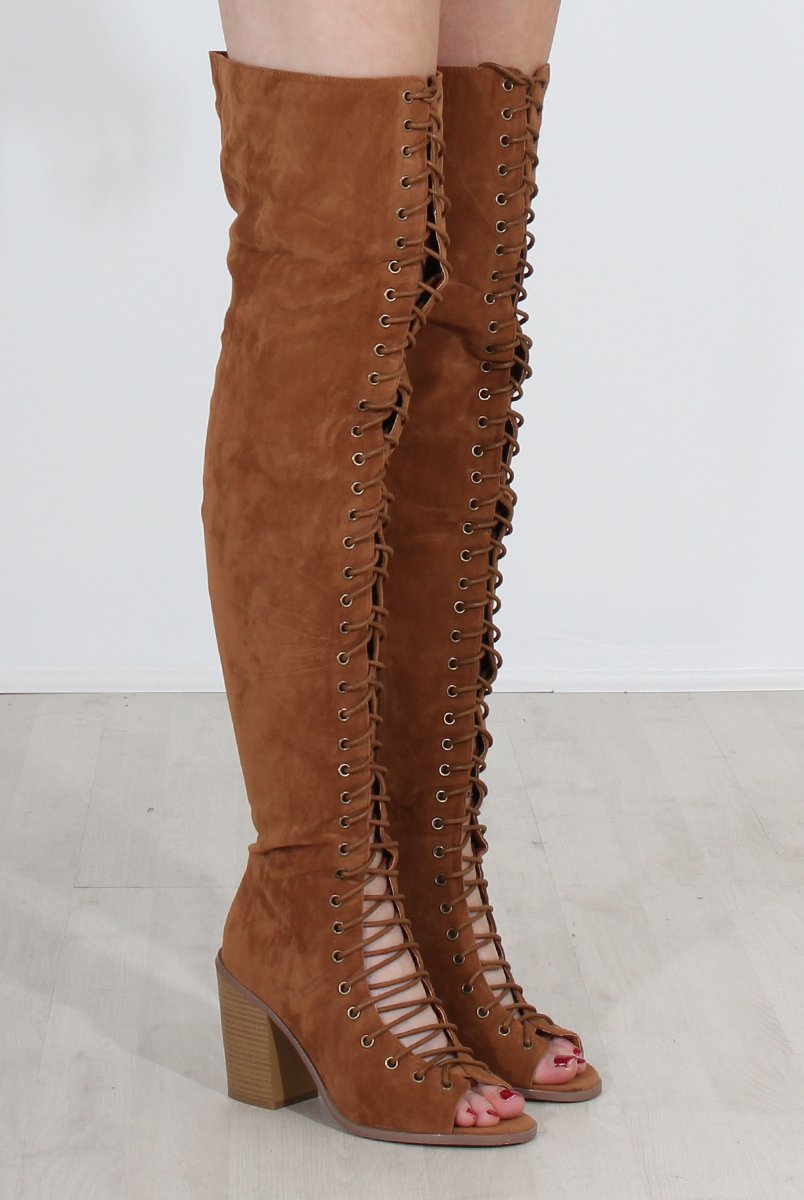 Elita Tan Lace Up Over The Knee Boots-Boots