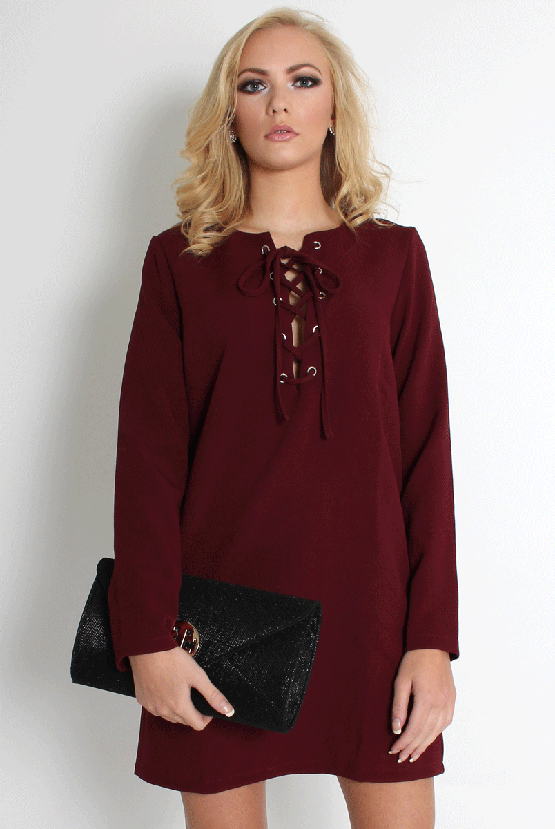 Elle Wine Lace Up Dress-Dresses