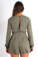 Ellie Khaki Cross Front Playsuit-Playsuits