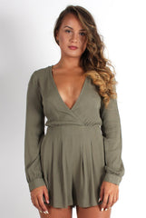Ellie Khaki Cross Front Playsuit-Playsuits