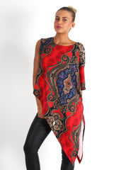Elsie Red Paisley Asymmetric Top-Tops