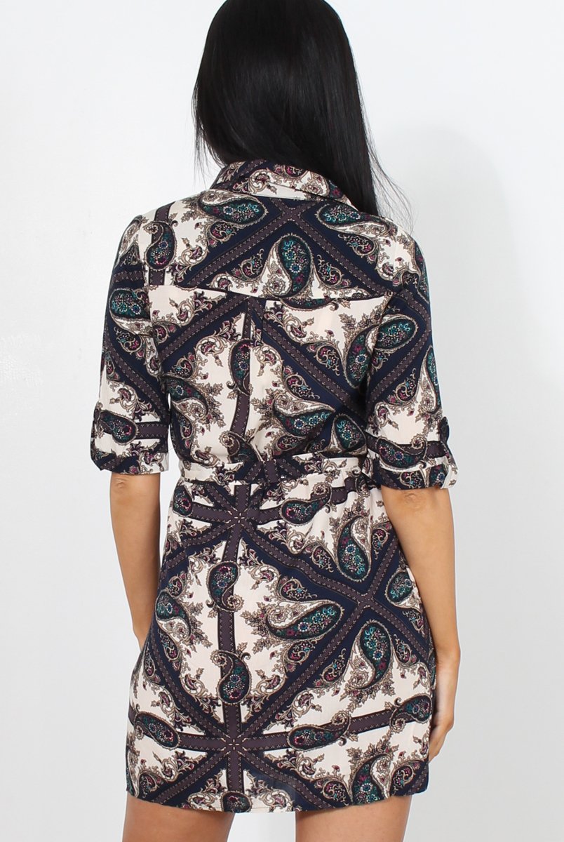 Elyse Navy Paisley Print Shirt Dress-Dresses