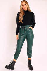 Emerald Faux Leather Drawstring Waist Joggers - Persia-Joggers