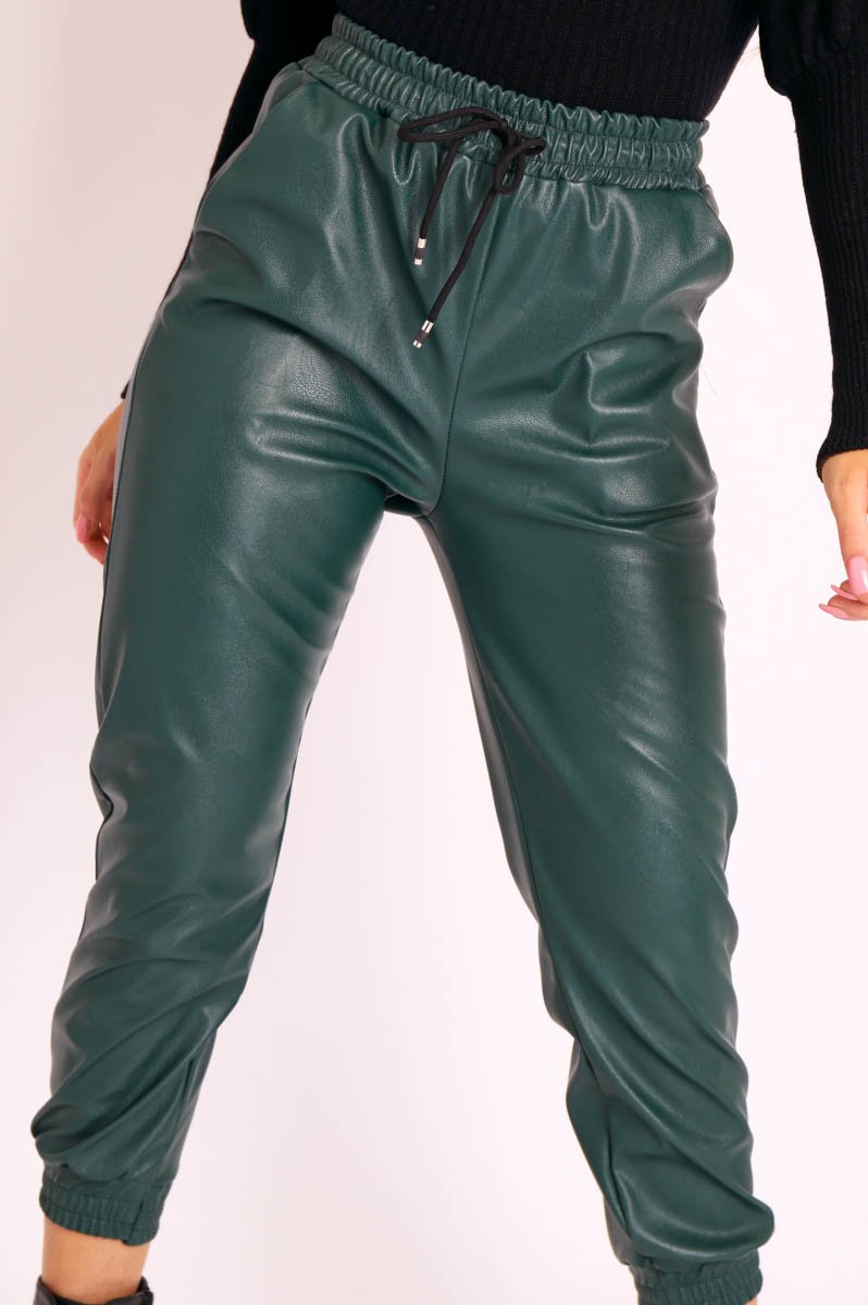 Emerald Faux Leather Drawstring Waist Joggers - Persia-Joggers
