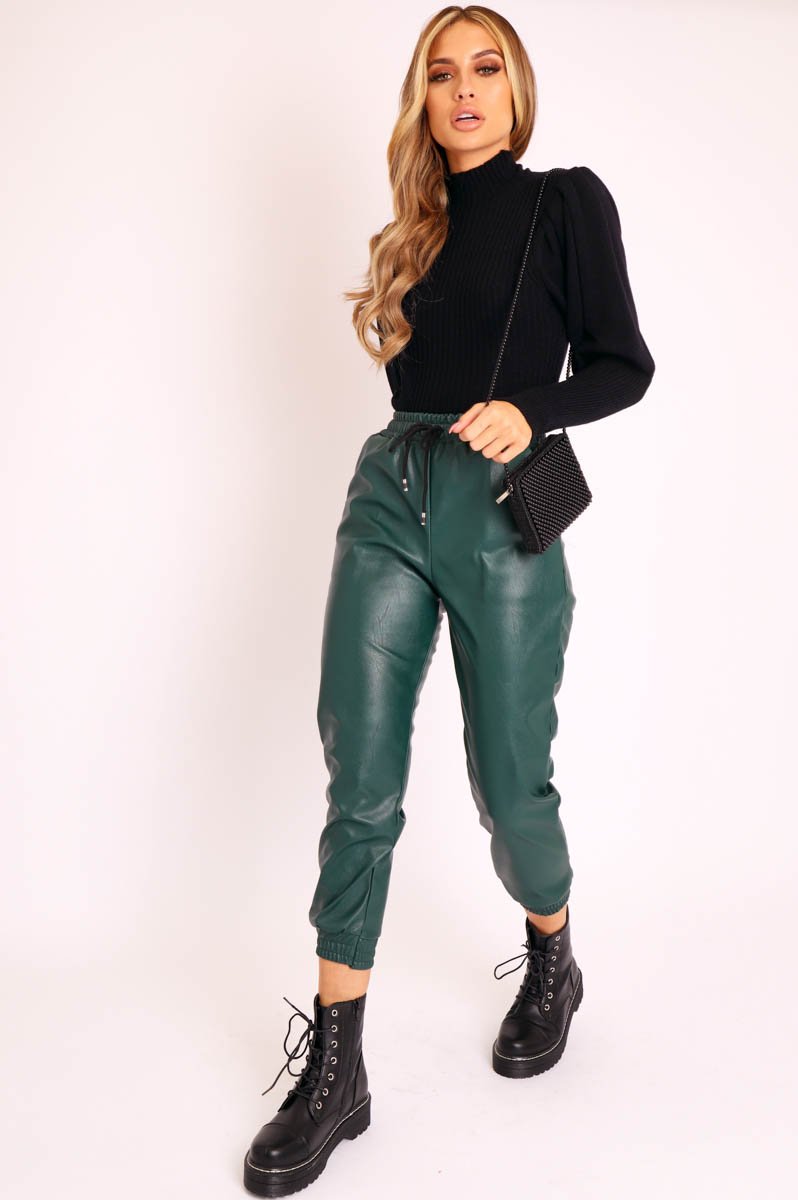 Emerald Faux Leather Drawstring Waist Joggers - Persia-Joggers