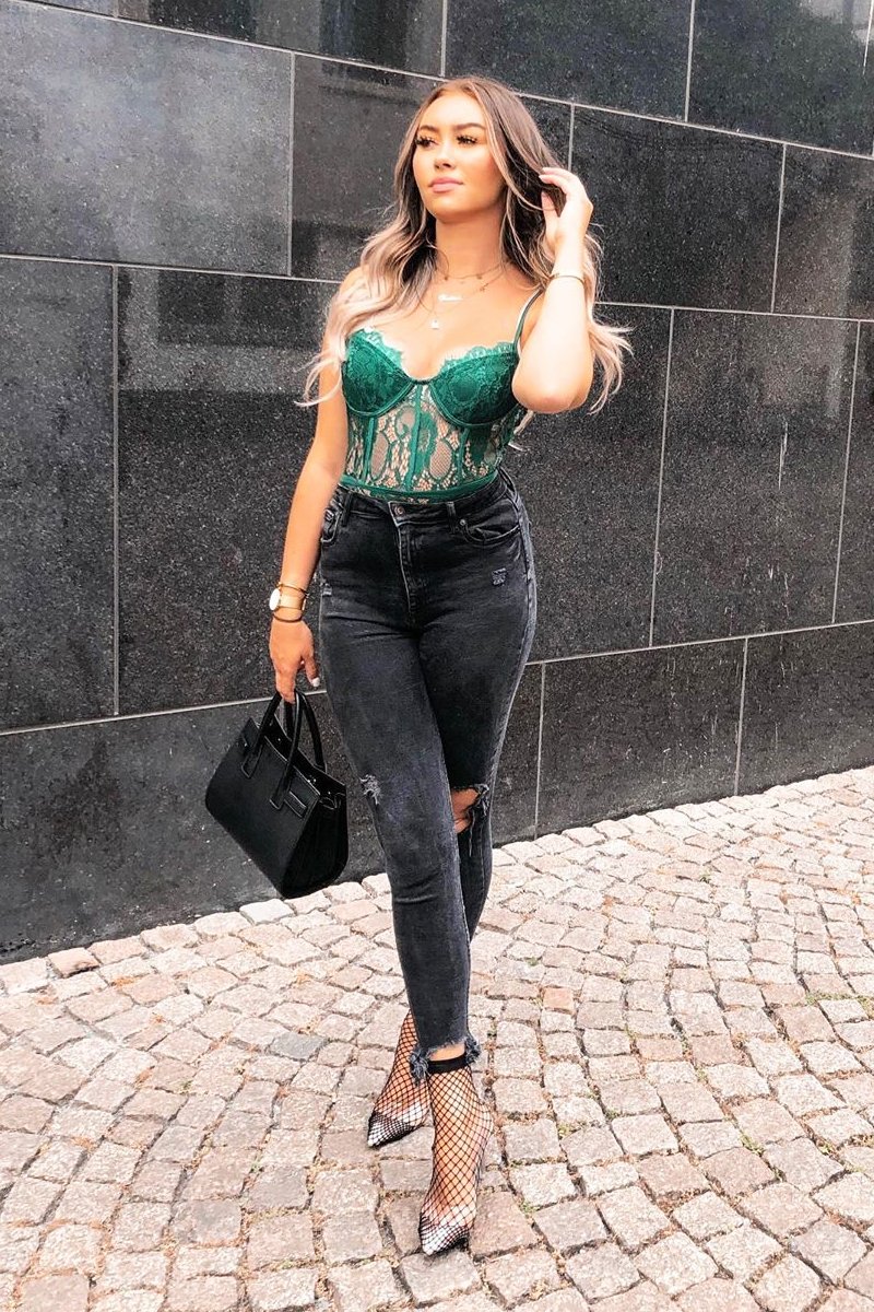 Emerald Green Lace Flower Bodysuit - Faylen Rebellious Fashion Emerald Green Lace Flower Bodysuit - Faylen Rebellious Fashion