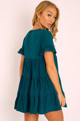 Emerald Green Smock Tiered Frill Sleeve Mini Dress - Olah-Dresses