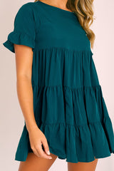 Emerald Green Smock Tiered Frill Sleeve Mini Dress - Olah-Dresses