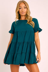 Emerald Green Smock Tiered Frill Sleeve Mini Dress - Olah-Dresses