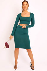 Emerald Ribbed Square Neck Top and Midi Skirt Co-ord - Tiera-Co-ords