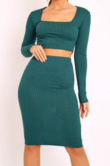 Emerald Ribbed Square Neck Top and Midi Skirt Co-ord - Tiera-Co-ords