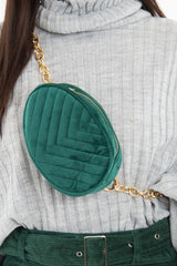 Emerald Velvet Oval Quilted Chainlink Belt Bag - Kittie-Bags