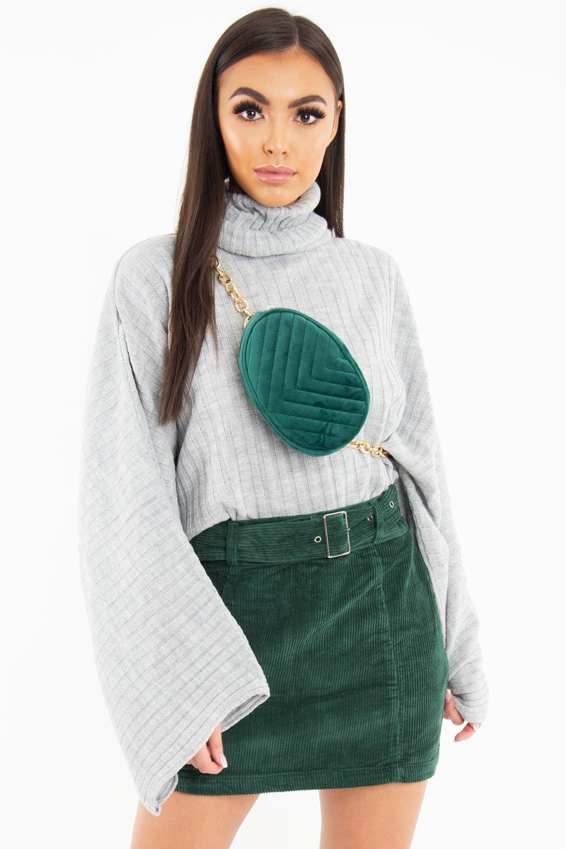 Emerald Velvet Oval Quilted Chainlink Belt Bag - Kittie-Bags