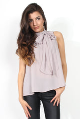 Emilia Grey Tie Neck Top-Tops