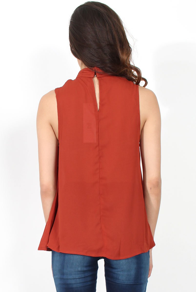 Emilia Rust Tie Neck Top-Tops