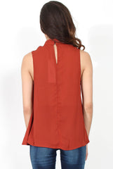 Emilia Rust Tie Neck Top-Tops