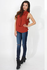Emilia Rust Tie Neck Top-Tops