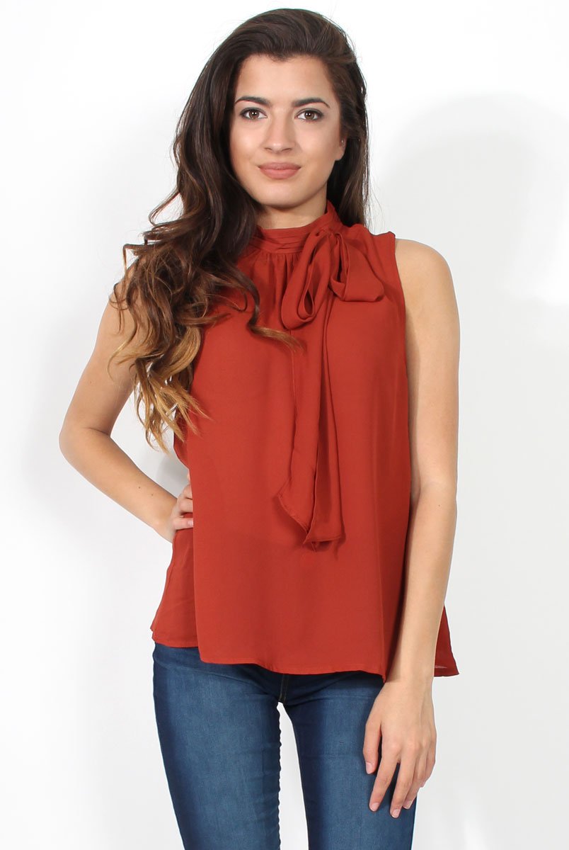 Emilia Rust Tie Neck Top-Tops