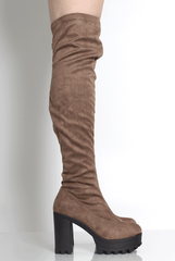 Emilie Khaki Over The Knee Platform Boots-Boots