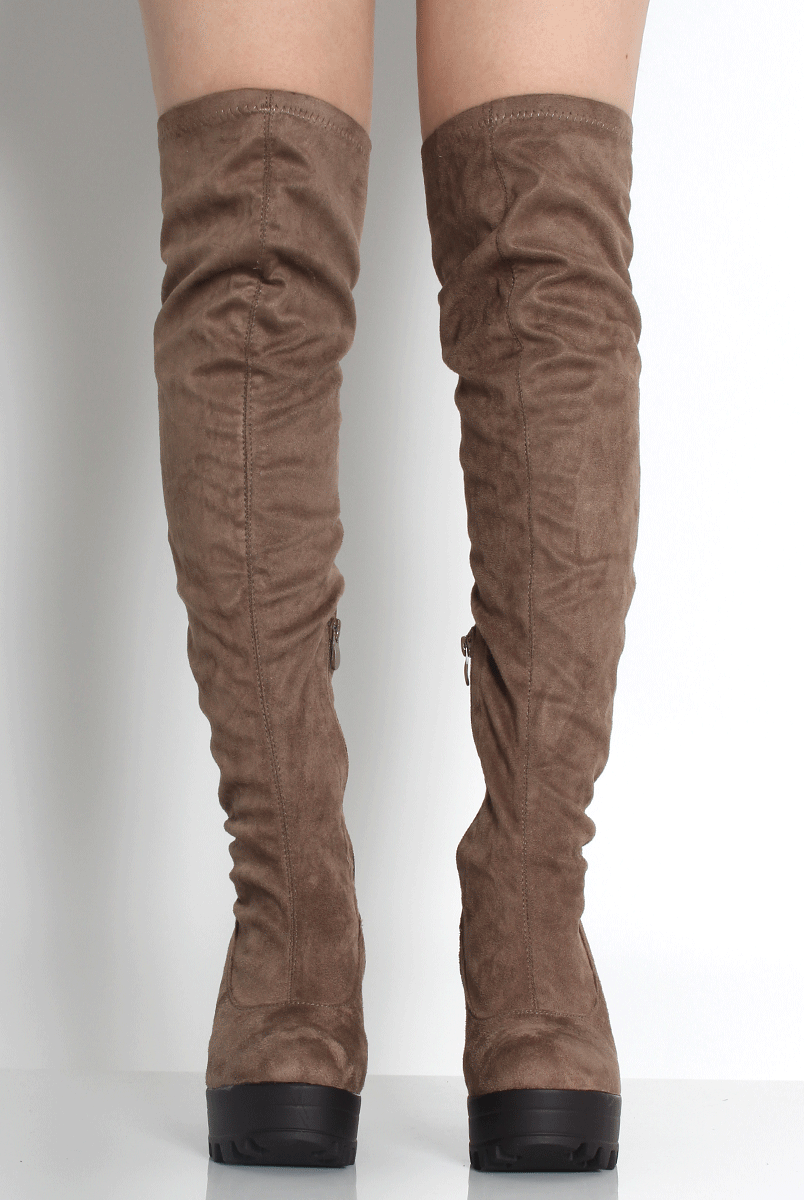 Emilie Khaki Over The Knee Platform Boots-Boots
