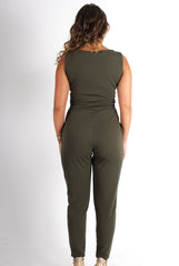 Emily Khaki Tie Front Jumpsuit-Jumpsuits