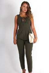 Emily Khaki Tie Front Jumpsuit-Jumpsuits