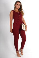 Emily Wine Tie Front Jumpsuit-Jumpsuits