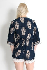 Emmy Navy Paisley Print Crochet Playsuit-Playsuits