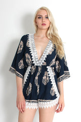 Emmy Navy Paisley Print Crochet Playsuit-Playsuits