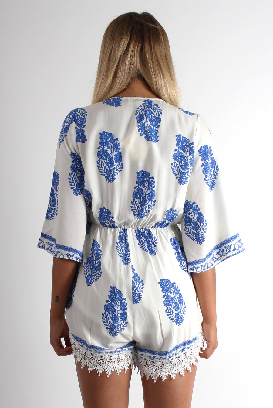 Emmy White Paisley Print Crochet Playsuit-Playsuits