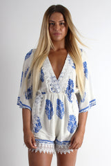 Emmy White Paisley Print Crochet Playsuit-Playsuits