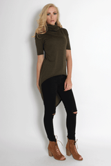 Erin Khaki High Neck Dropped Hem Top-Tops