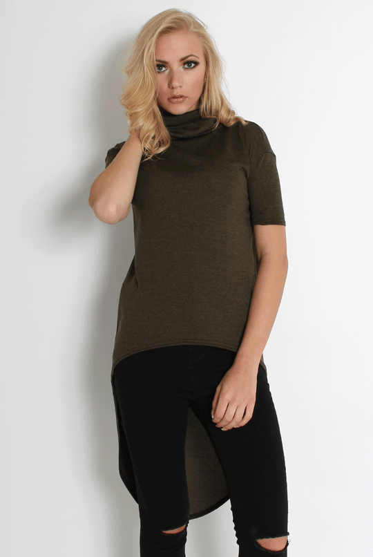 Erin Khaki High Neck Dropped Hem Top