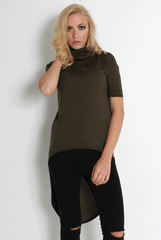 Erin Khaki High Neck Dropped Hem Top-Tops