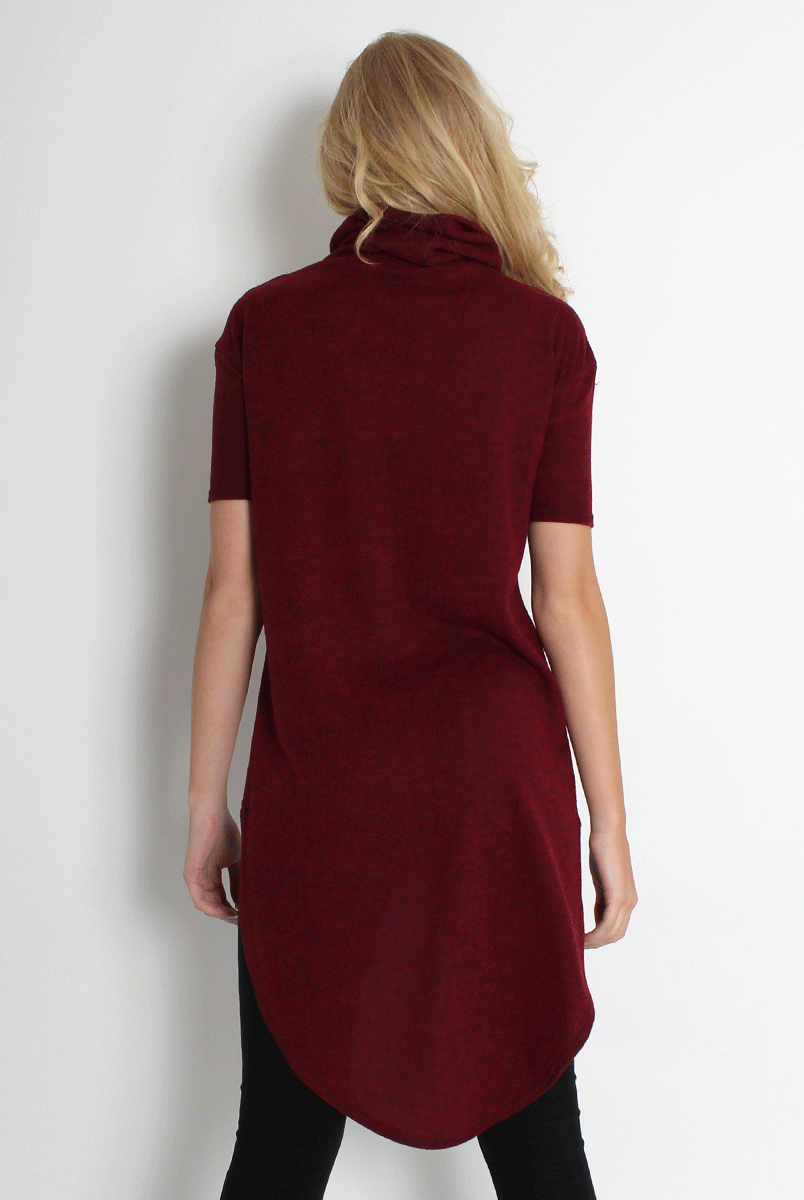 Erin Wine High Neck Dropped Hem Top-Tops