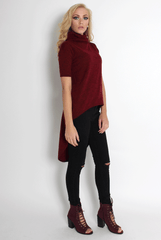 Erin Wine High Neck Dropped Hem Top-Tops