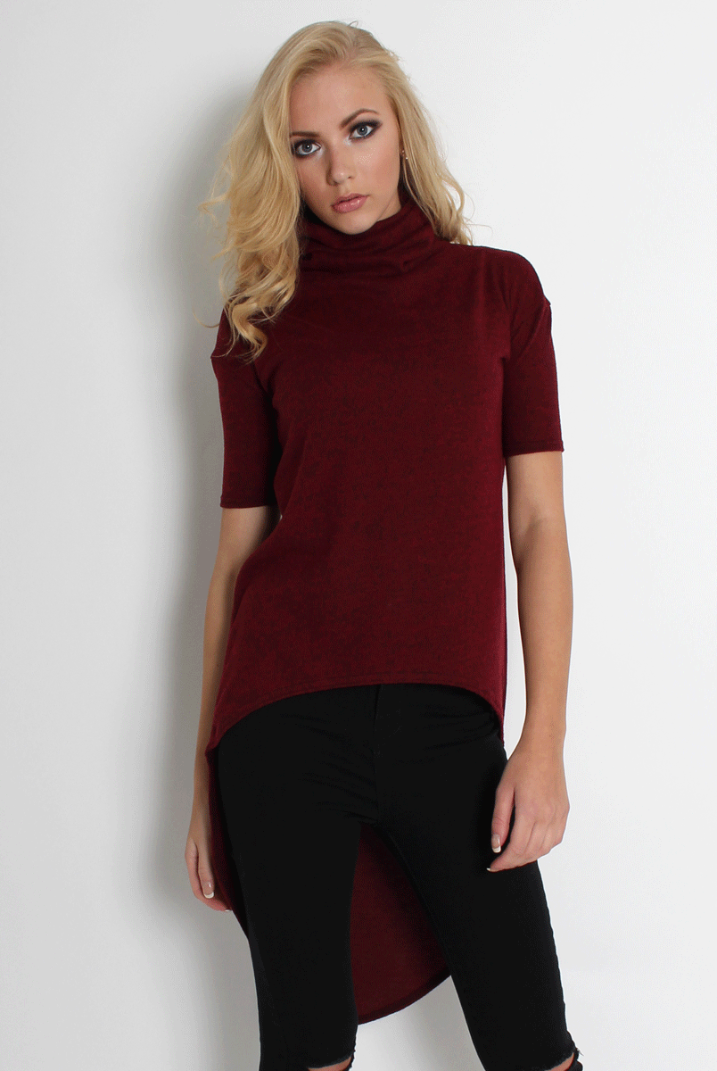 Erin Wine High Neck Dropped Hem Top-Tops