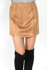 Esmey Camel Suede Zip Up Skirt-Skirts