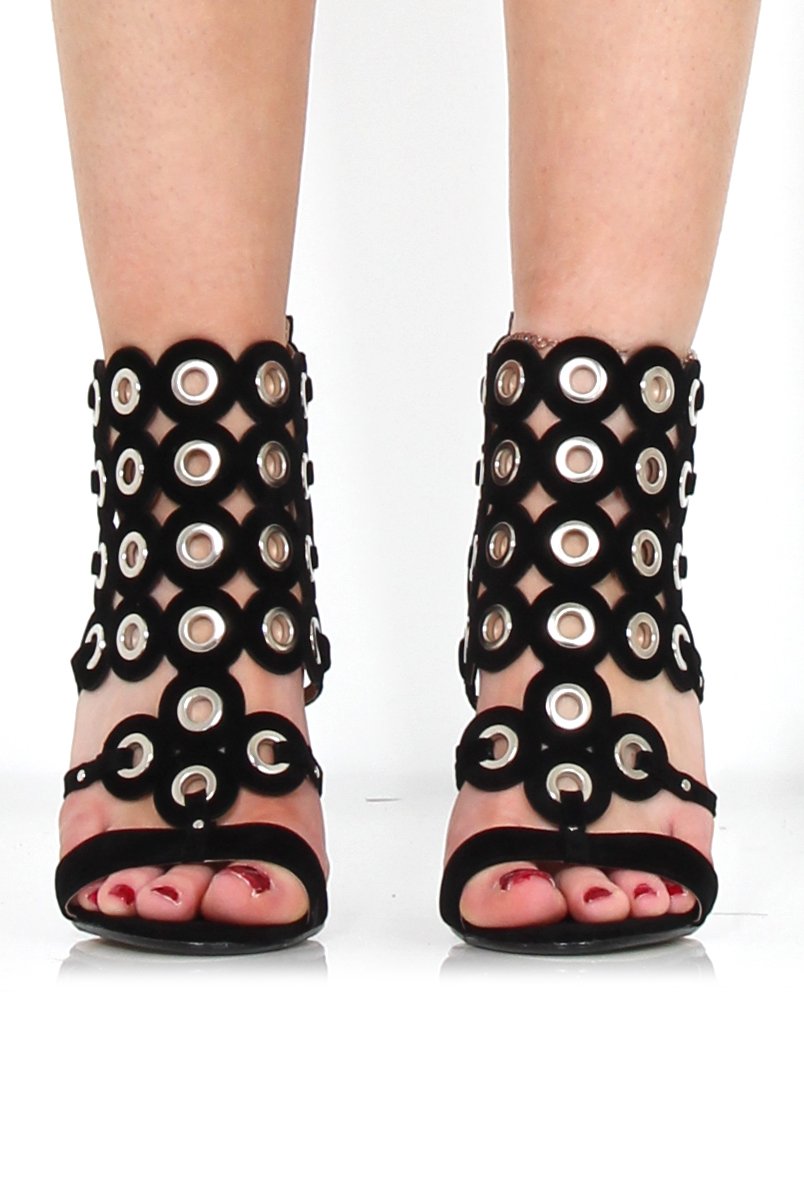 Evan Black Suede Eyelet Heel-Heels