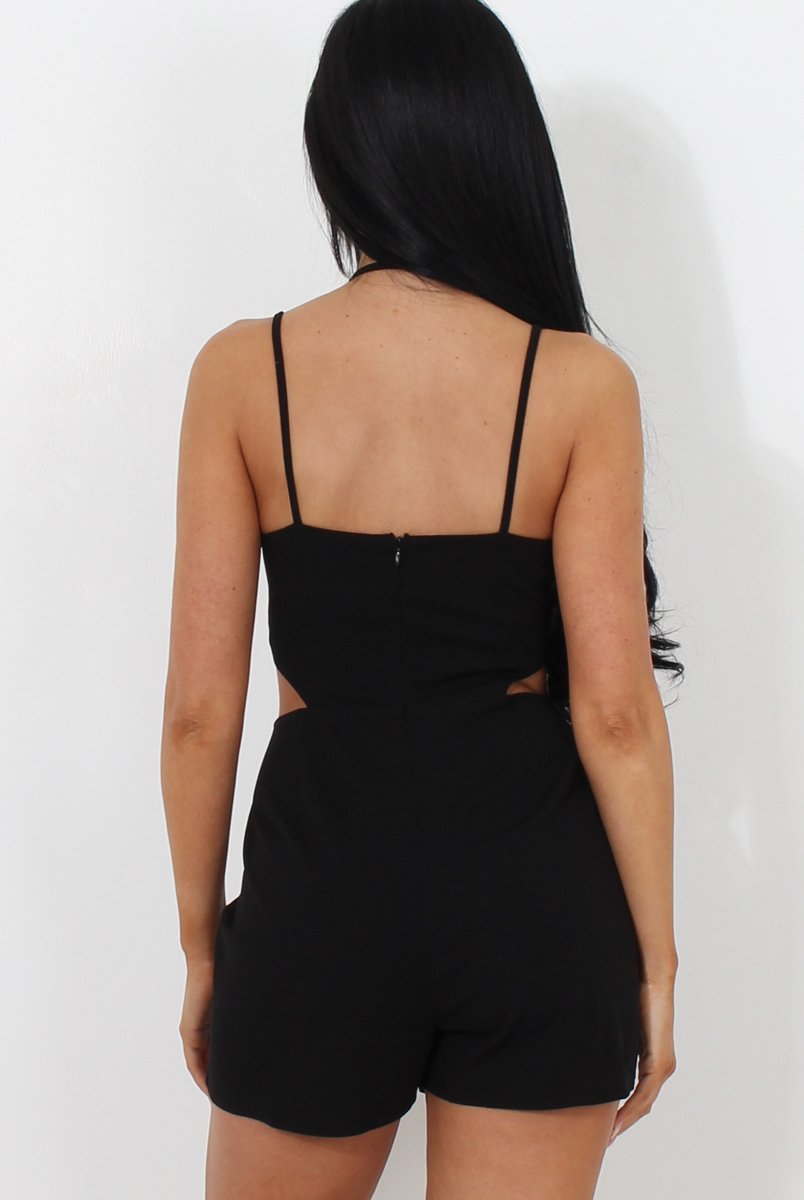 Fai Black Cut Out Halter Neck Playsuit-Playsuits