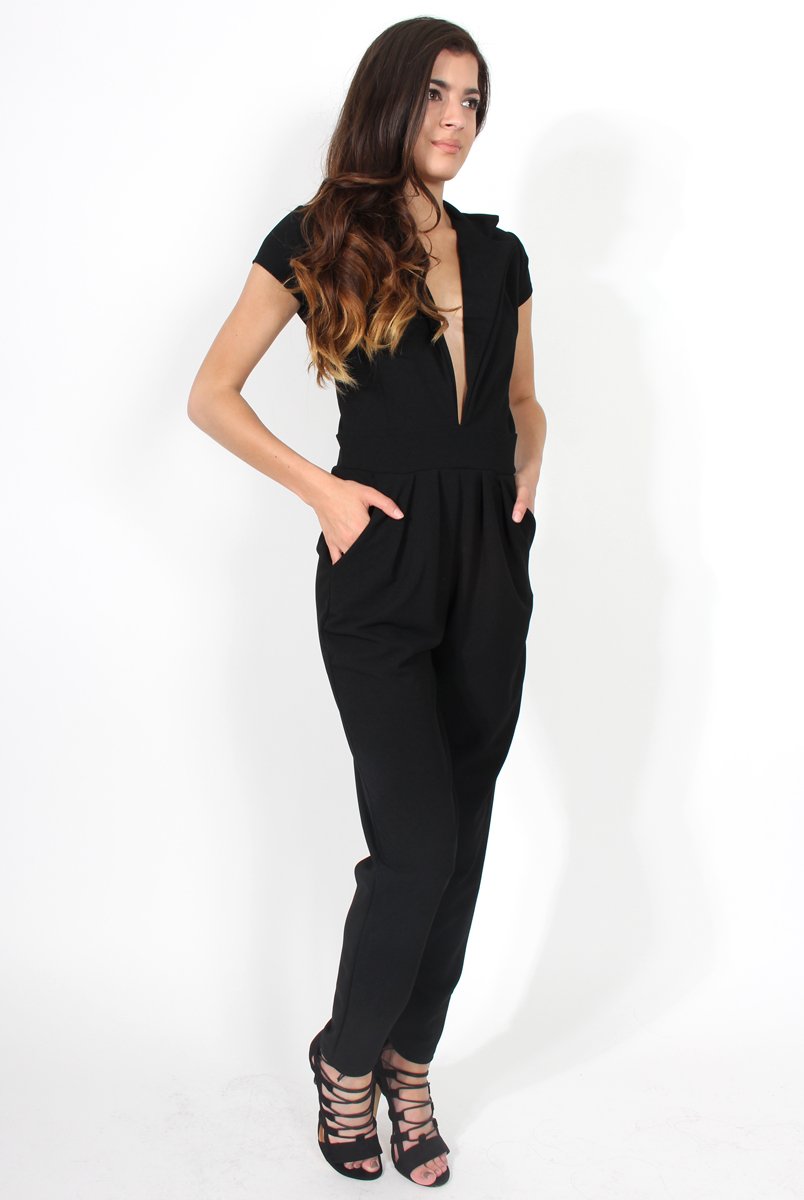 Farrah Black Deep V Jumpsuit-Jumpsuits