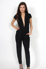Farrah Black Deep V Jumpsuit-Jumpsuits