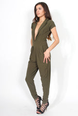 Farrah Khaki Deep V Jumpsuit-Jumpsuits